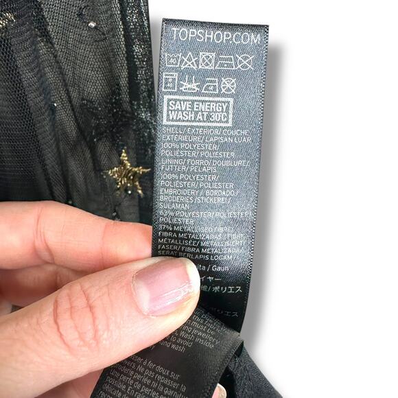 Topshop Embroidered Metallic Star Swiss Dot Plunge Neck Asymmetrical Midi Dress - Picture 10 of 10